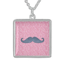 GIRLY BLUE MUSTACHE PINK GLITTER PHOTO PENDANT