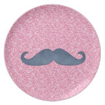 GIRLY BLUE MUSTACHE PINK GLITTER PHOTO DINNER PLATE
