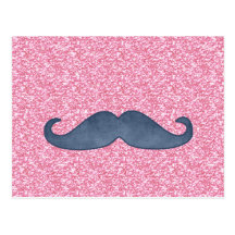 GIRLY BLUE MUSTACHE PINK GLITTER PHOTO POSTCARD