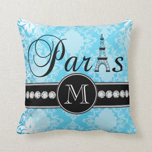 Girly Blue Vintage Damask Black Paris Monogram Pillows