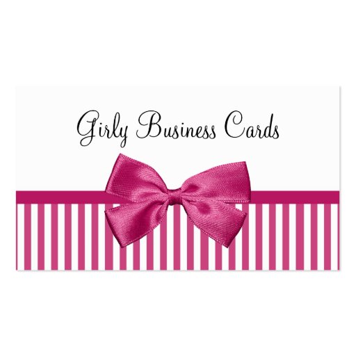 Girly Bright Pink and White Stripes Cute Pink Bow Business Cards (front side)