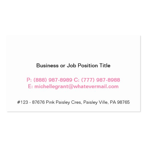 Girly Bubble Gum Pink  Paisley Calling Card Business Card (back side)