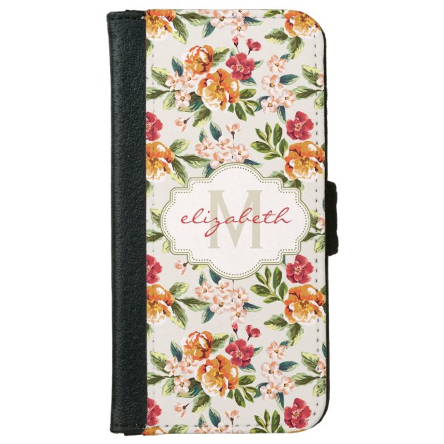 Girly Chic Floral Pattern with Monogram Name iPhone 6 Wallet Case
