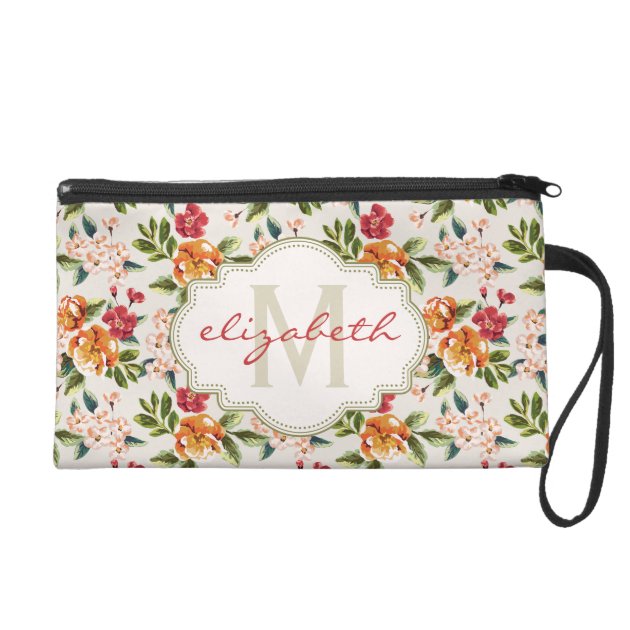Girly Chic Floral Pattern with Monogram Name Wristlet Purse