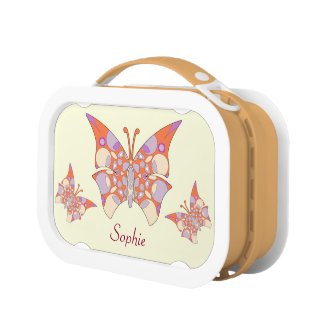 This lunchbox features three colorful butterflies on each faceplate, each butterfly in detailed coral and pastel colors. Personalize with your choice of name.