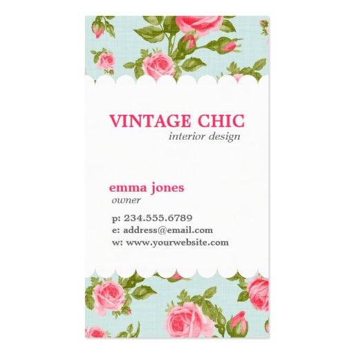 Girly Cottage Chic Romantic Floral Vintage Roses Business Card Template (front side)