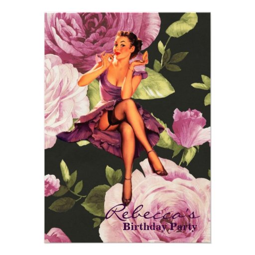 girly cute purple rose pin up girl vintage custom invite