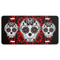 Girly day of the dead sugar skulls black and red license plate at  Zazzle