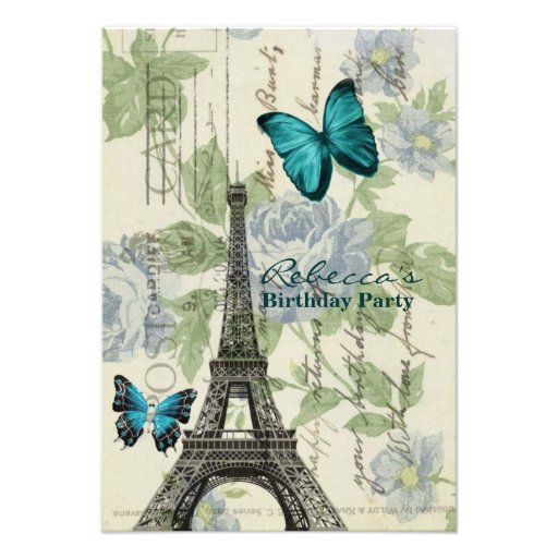 girly eiffel tower floral vintage birthday party personalized announcements