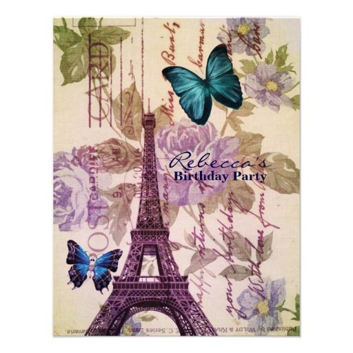 girly eiffel tower floral vintage birthday party announcement (front side)