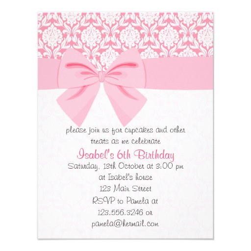 Girly Elegant Pink Damask Wrap Bow Birthday Party Announcements