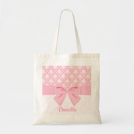 Girly Elegant Pink Damask Wrap Bow Personalized Tote Bags