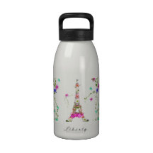 Girly Floral French Eiffel Tower Bright Flowers Water Bottle
