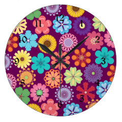 Girly Flower Power Colorful Floral Purple Pattern Wall Clocks