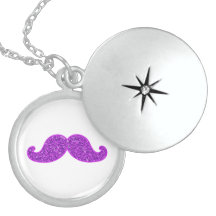 Girly fun retro mustache purple glitter locket