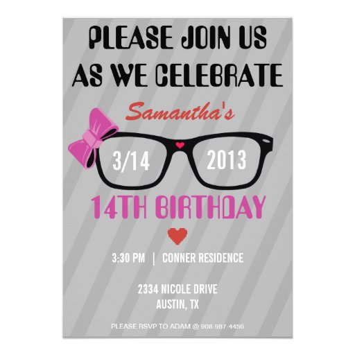 Girly Geek Glasses & Hearts Birthday Invitation