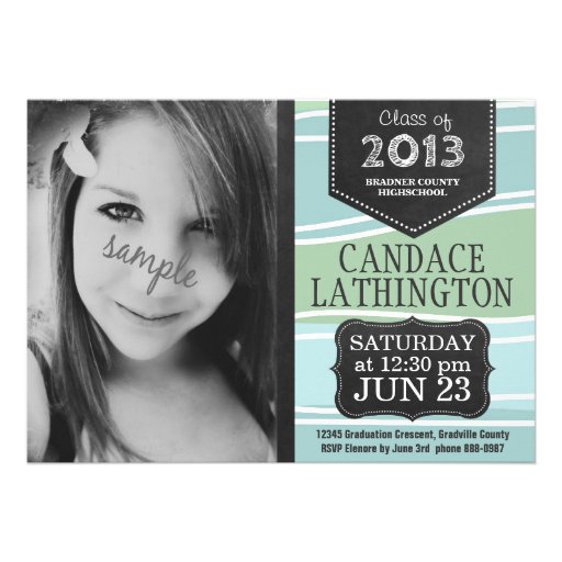 Girly Grad Party Invite Aqua Green with Photo (front side)