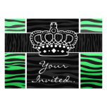 Girly green and black zebra print crown invitations
