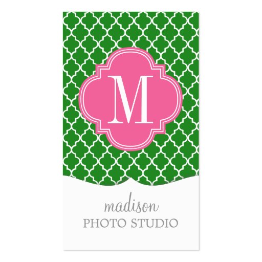 Girly Green & Pink Moroccan Tiles Monogram Business Card Template (front side)