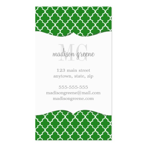 Girly Green & Pink Moroccan Tiles Monogram Business Card Template (back side)