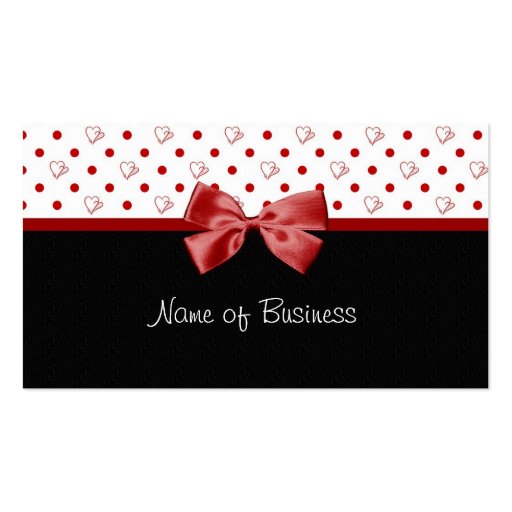 Girly Hearts and Polka Dots Red Ribbon Business Card Templates (front side)