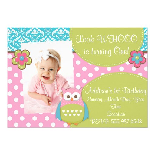 Girly Hoot Owl Design Birthday Invitation (front side)