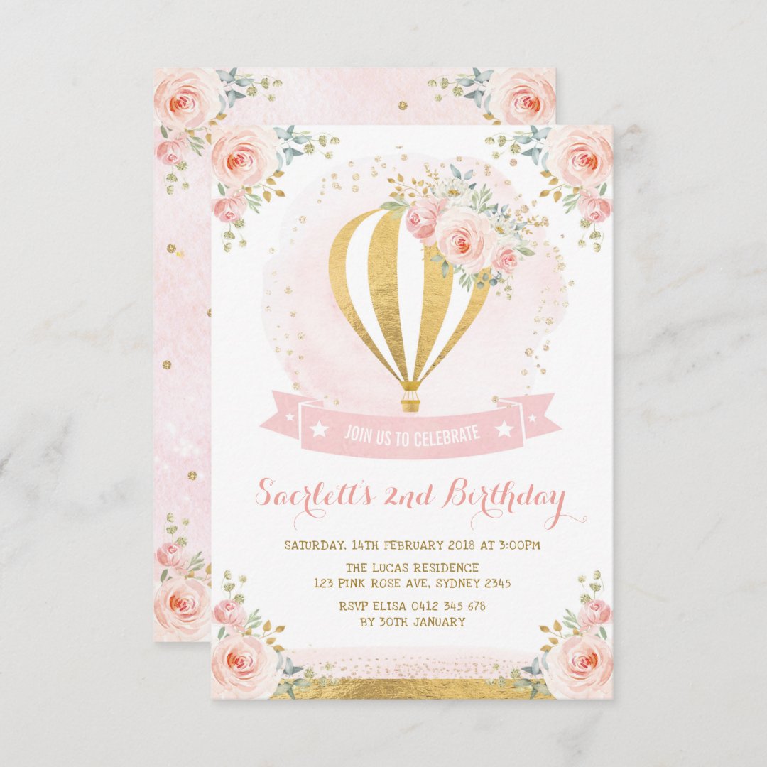 Girly Hot Air Balloon Pink Gold Floral Birthday Invitation Zazzle