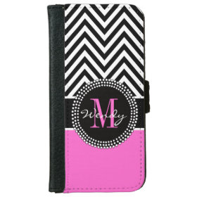 Girly Hot Pink and Black Chevron Monogram iPhone 6 Wallet Case