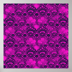 Girly Hot Pink Fuschia Navy Blue Damask Lace Posters