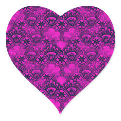 Girly Hot Pink Fuschia Navy Blue Damask Lace Heart Sticker