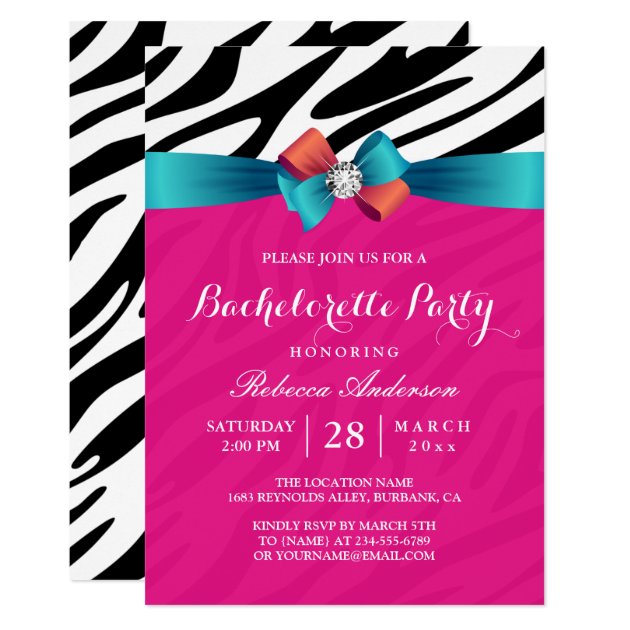 Girly Hot Pink Zebra Print Bachelorette Party Card (front side)