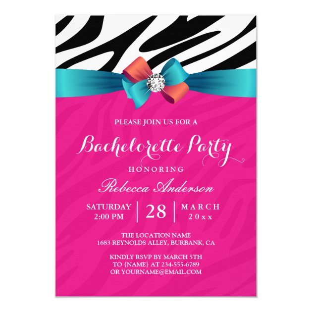 Girly Hot Pink Zebra Print Bachelorette Party Card