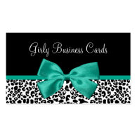 Girly Leopard Print Emerald Green Ribbon Business Card Template
