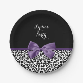 Girly Leopard Print Pretty Purple Ribbon With Name 7 Inch Paper Plate