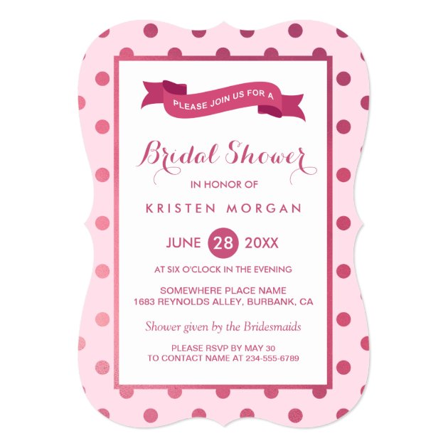 Girly Magenta Pink Polka Dots Modern Bridal Shower 5x7 Paper Invitation Card