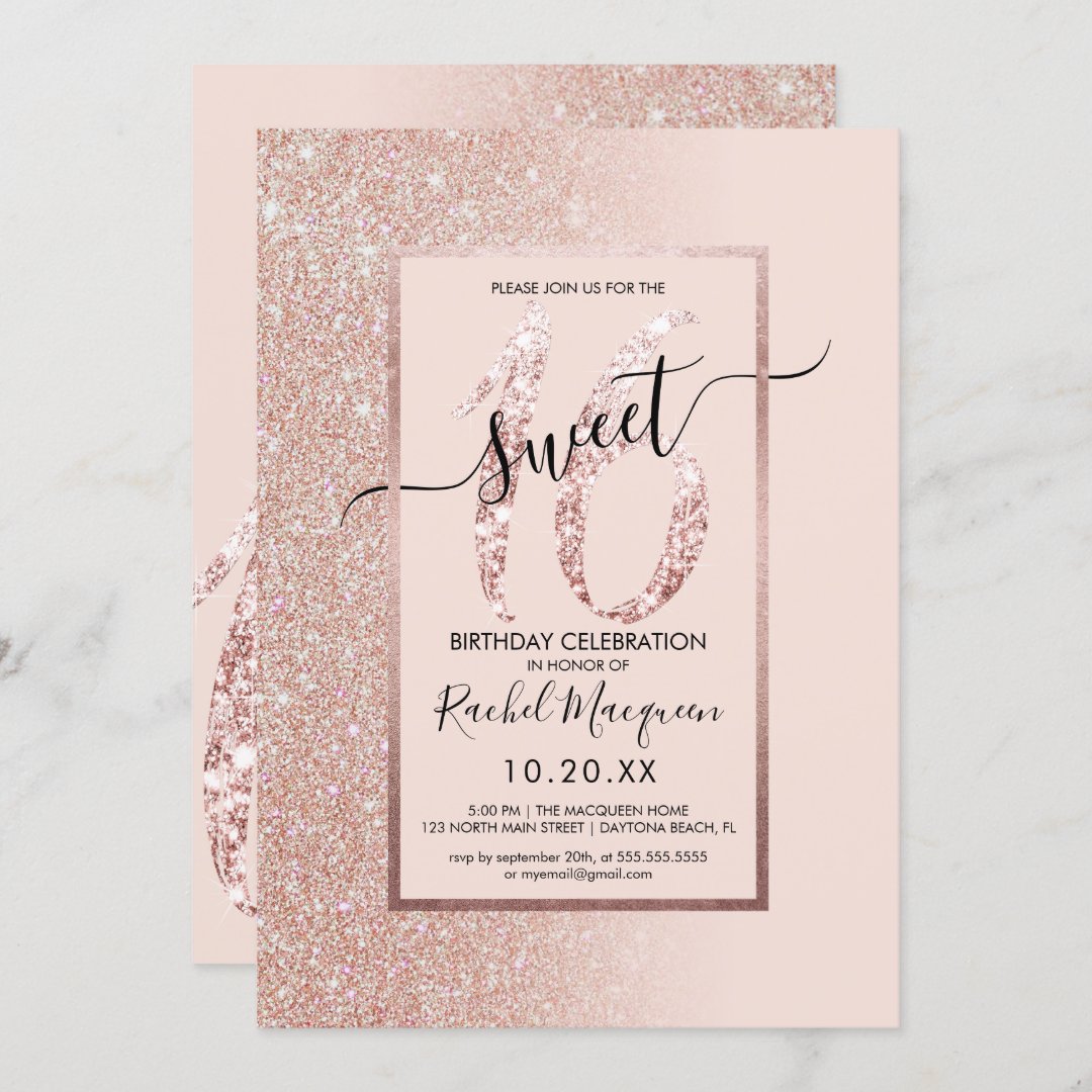 Girly Modern Pink Rose Gold Glitter Ombre Sweet 16 Invitation Zazzle