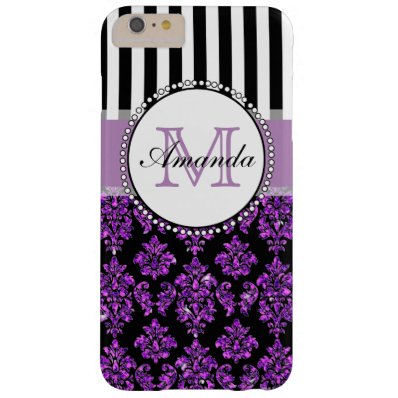 Girly Modern Purple Glitter Damask Personalized Barely There iPhone 6 Plus Case