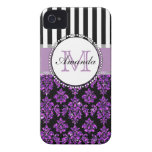 Girly Modern Purple Glitter Damask Personalized Case-Mate iPhone 4 Cases