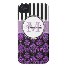 Girly Modern Purple Glitter Damask Personalized Case-Mate iPhone 4 Cases