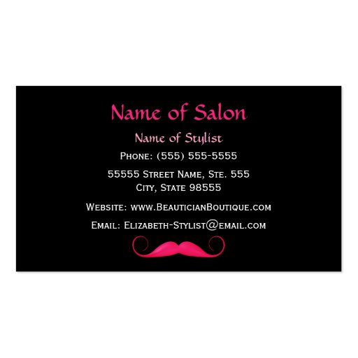 Girly Mustache Pink and Black Leopard Hair Salon Business Card Templates (back side)