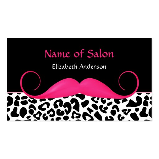 Girly Mustache Pink and Black Leopard Hair Salon Business Card Templates (front side)