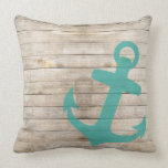 Girly Nautical Blue Anchor and Wood Look Pillow