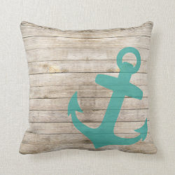 Girly Nautical Blue Anchor and Wood Look Pillow
