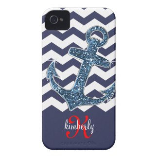 Girly Navy Faux Glitter Anchor Chevron Chic iPhone 4 Case-Mate Case