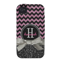 Girly PINK and Black Chevron Glitter Monogram Case-Mate iPhone 4 Cover