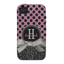 Girly PINK and Black Polkadot Glitter Monogram iPhone 4/4S Cases