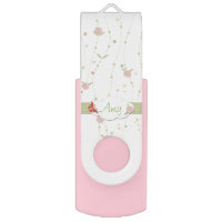Girly Pink and Green Floral Personalized Swivel USB 2.0 Flash Drive