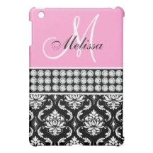 GIRLY PINK BLACK DAMASK PATTERN MONOGRAM iPad MINI CASE
