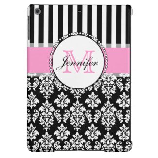 Girly Pink Black Damask Striped Monogrammed Case For iPad Air