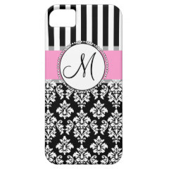Girly, Pink, Black Damask Your Monogram Initial iPhone 5 Cover